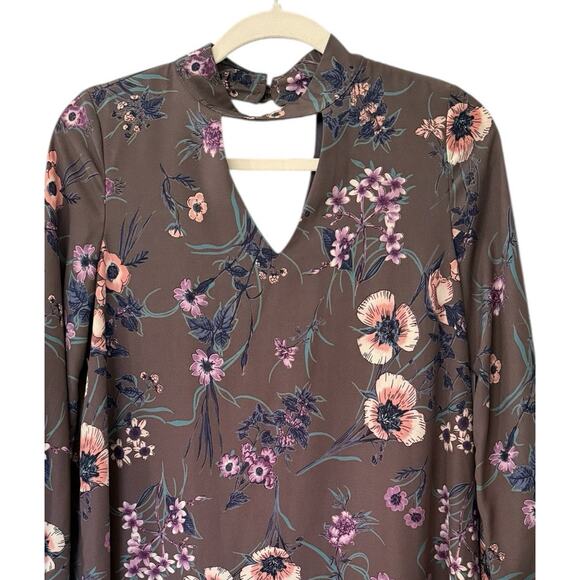 Altar’d State Floral Choker Neck Long Sleeve Shift Dress Taupe Small - Picture 5 of 7